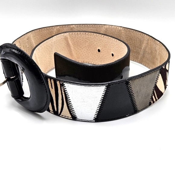 VINTAGE Lake Short Drive Patchwork Animal Print Genuine Leather Belt Small S - Picture 3 of 7